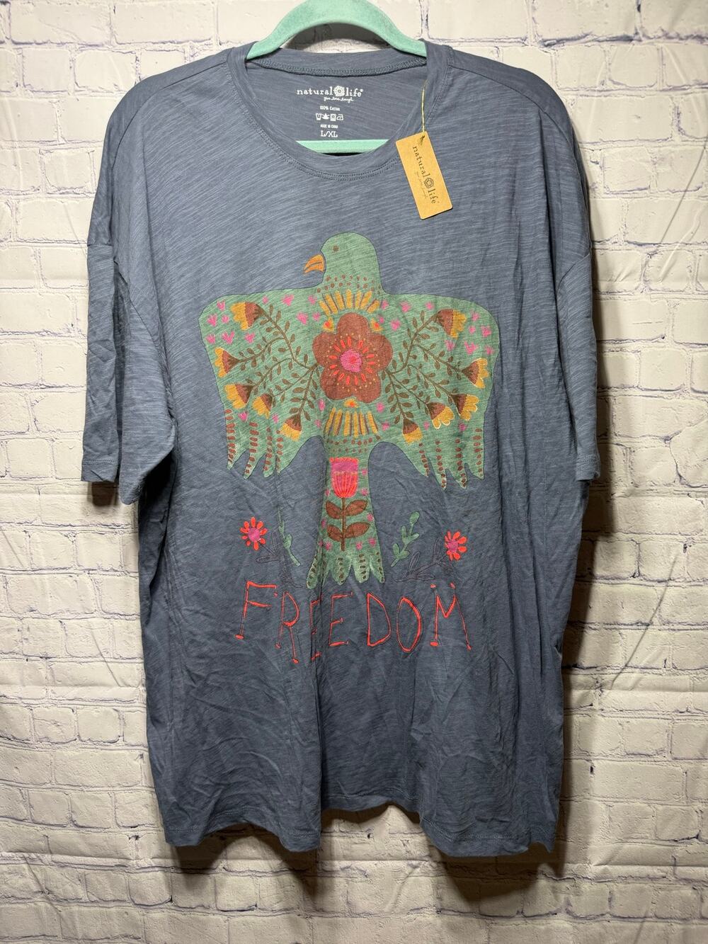 Natural Life Womens Life Is a Canvas Cotton Tee Blue Graphic Sz L/XL NWT